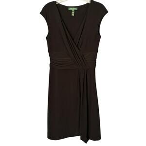 Lauren Ralph Lauren Ruched Knee Length Dress Womens 8 Black Cap Sleeve Faux Wrap